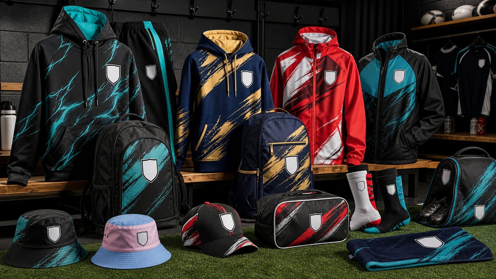 Custom sublimated hoodies tracksuits bags hats and socks