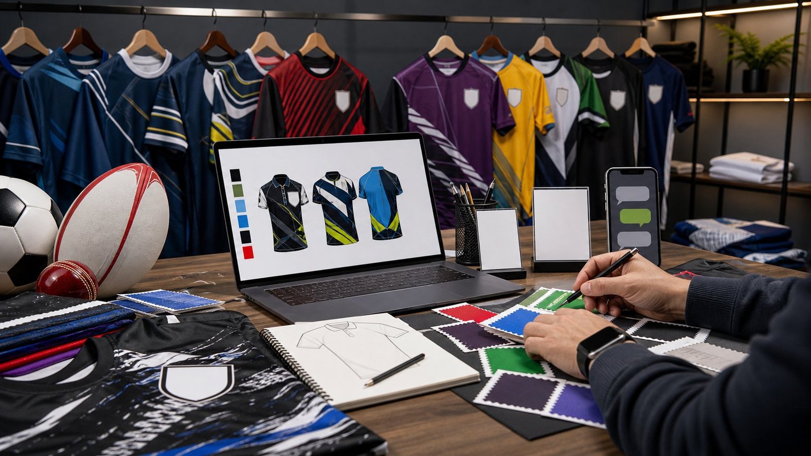 Custom kit enquiry desk with fabric swatches and sportswear samples