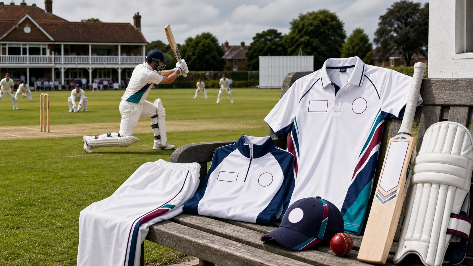 Custom cricket uniform and training wear on a cricket ground