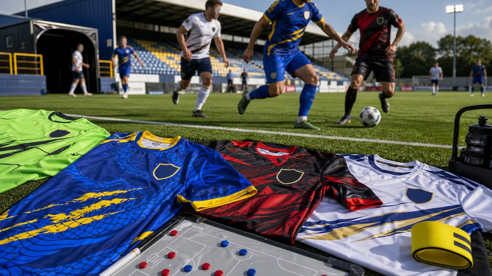 Custom football kits with sublimated designs on a UK pitch