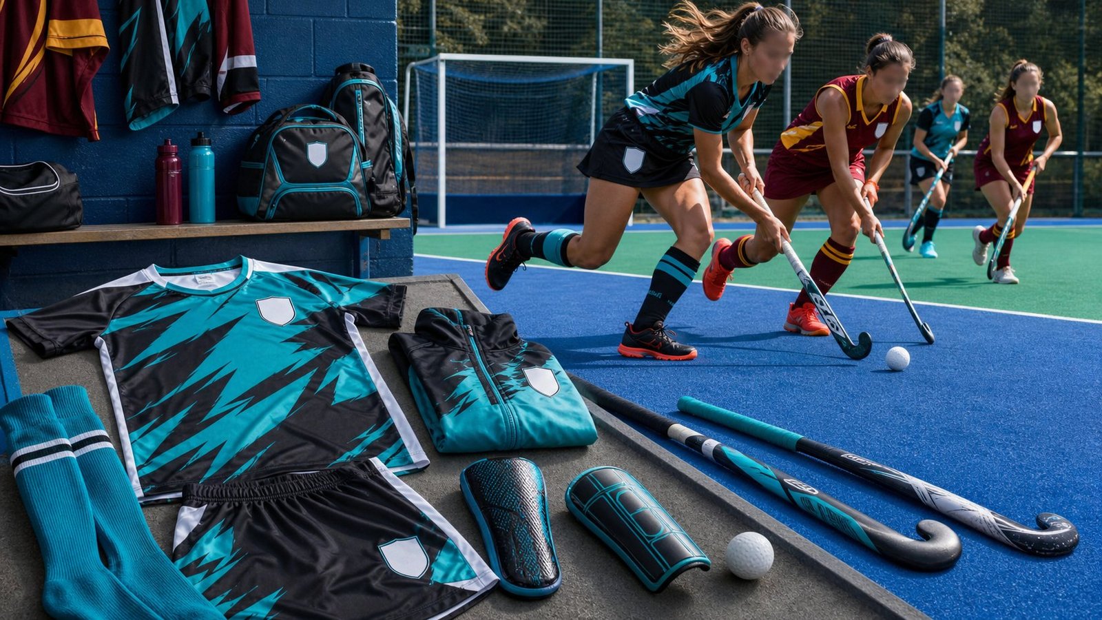 Custom hockey kits with sticks and pitch action