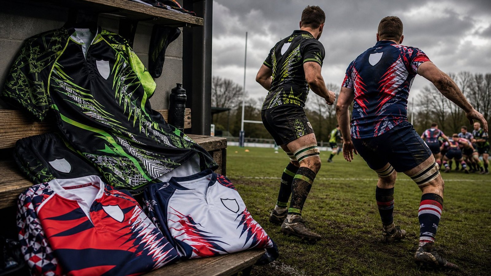 Custom sublimated rugby kits on a UK rugby pitch