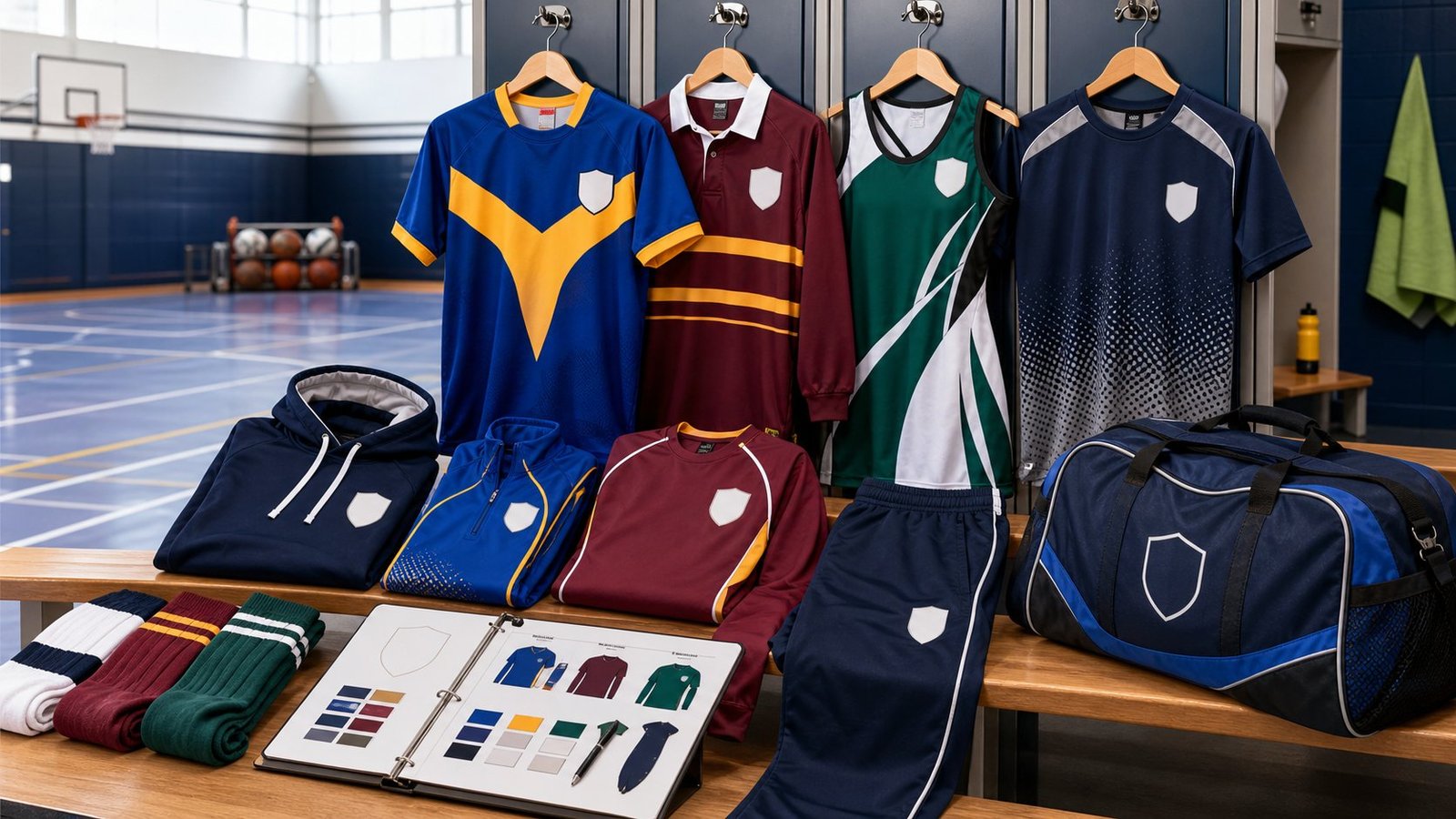 School and college custom sportswear packs in a changing room