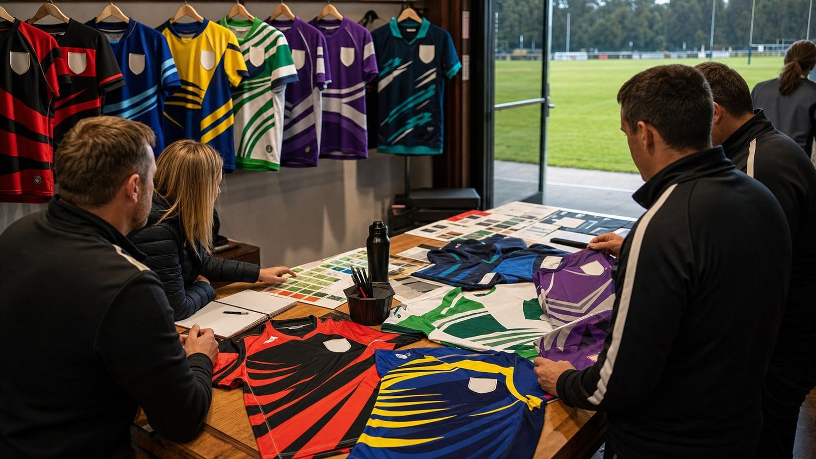 Sports club volunteers planning custom kit designs