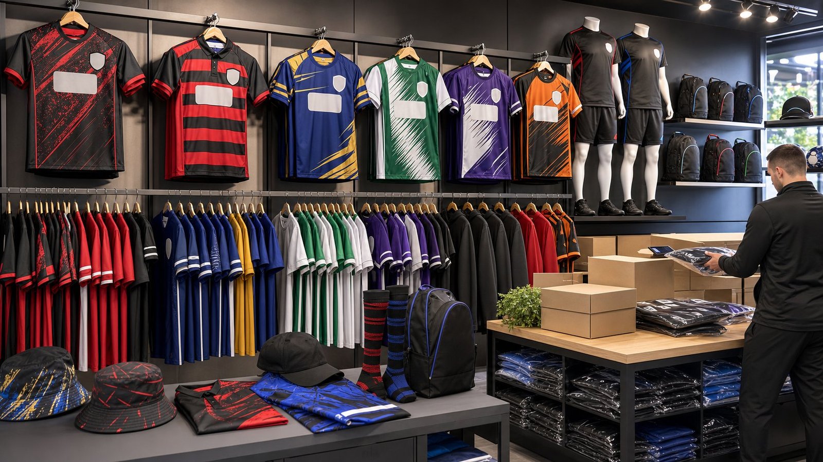 Custom teamwear and accessories in a sports shop
